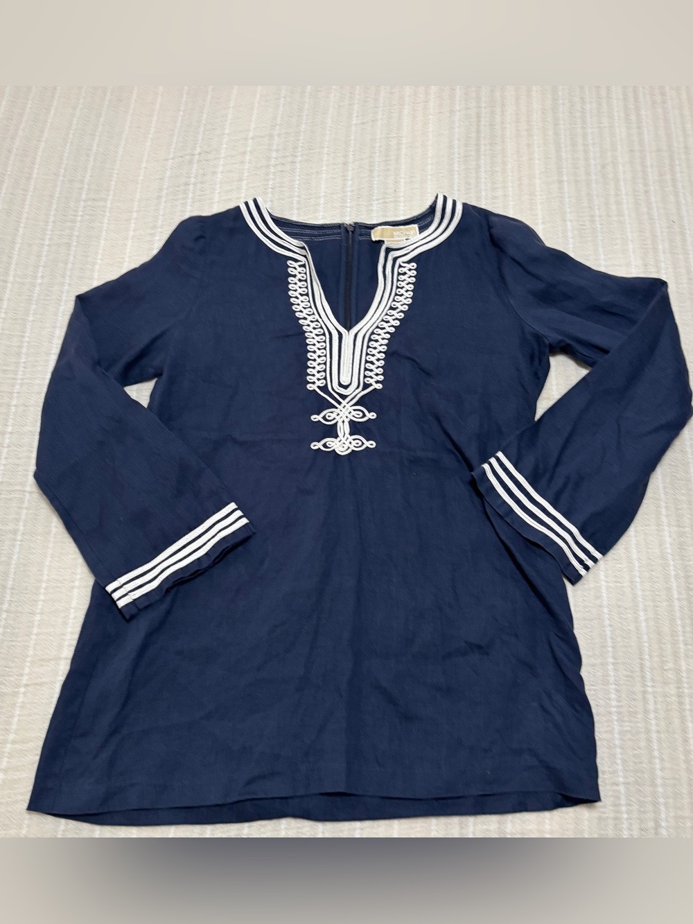 Michael Kors Navy Linen Embroidered Tunic with White Trim